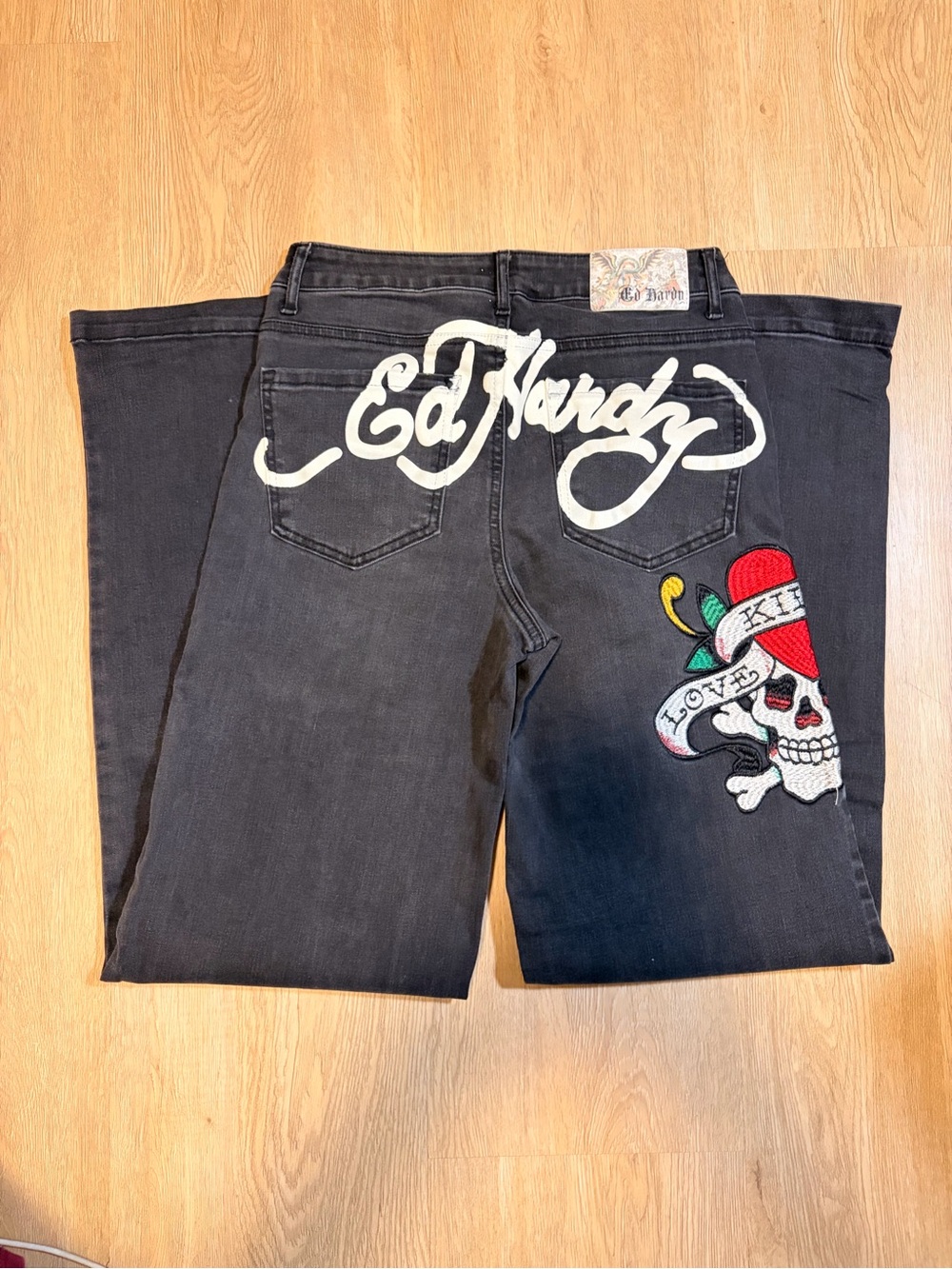 Ed Hardy Black Straight-Leg Jeans with Embroidered Skull & Heart